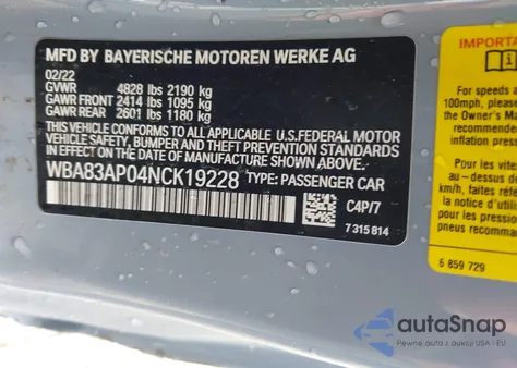 2022 BMW M440I z USA, uszkodzony, nr VIN WBA83AP04NCK19228